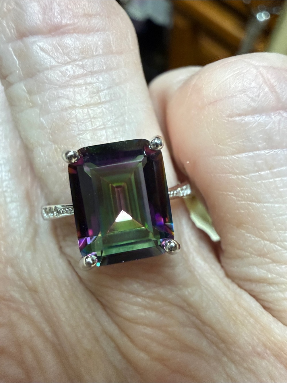 3 CT Mystic Topaz Emerald Cut 925 Sterling Silver Ring Moissanite Diamonds NEW